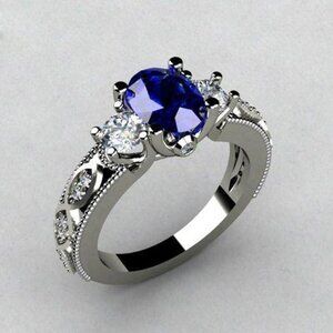 Noble Anillo Oval Royal Blue Gemstone Dainty Silver Ring for Women, VIP405